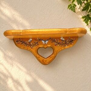 Vintage Wood Wall Shelf Heart Cutout Floral Butterfly Cottage Country Decor